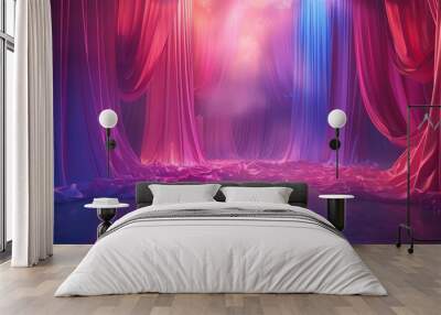 Pink and blue silk curtains on a stage with a spotlight Wall mural