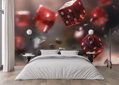 Red dice with white dots falling through the air, a concept of chance and luck. Wall mural