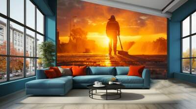 Street cleaner at dawn, silhouette against the rising sun, sweeping gesture captured from a low angle Wall mural