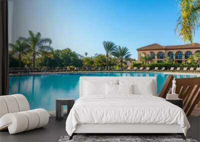 Tranquil poolside scene with two empty lounge chairs, inviting relaxation. Palm trees and a resort building in the background. Wall mural