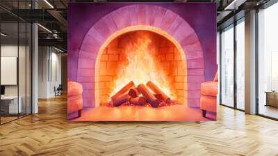 Two armchairs face a roaring fireplace, creating a cozy and inviting atmosphere. Wall mural