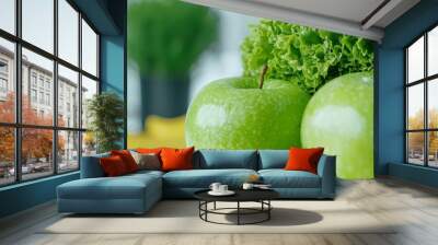 Two green apples and fresh lettuce on table. Wall mural