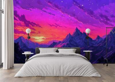 Vibrant sunset over majestic mountain range with a starry sky. Wall mural