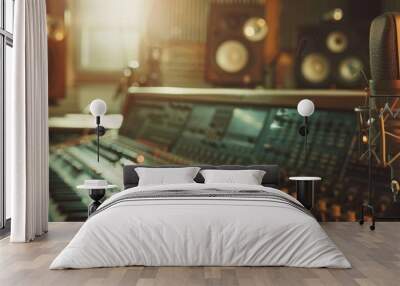 Vintage audio mixer and microphone in a recording studio. Wall mural