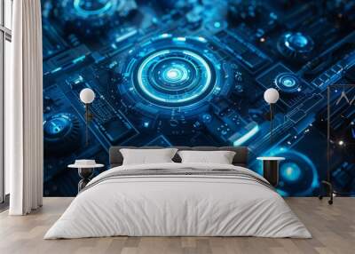 visual experience that merges the complexities of engineering and design featuring a mesmerizing blue computer circuit background adorned with elements of circular abstraction and mechanical realism Wall mural