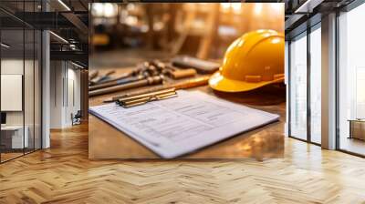 Yellow hard hat, clipboard and tools on wooden table, safety and construction concept. Wall mural