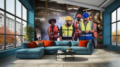 group of diversity teamwork, engineers, technician and workers team in safety uniform having discussion while walking through heavy industry manufacturing factory.	 Wall mural