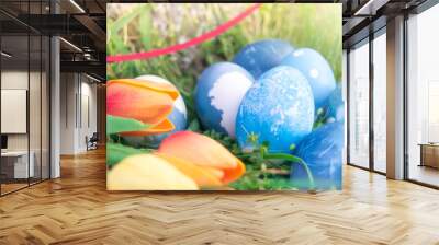 Happy easter, blue organic easter eggs, easter holiday decorations, easter concept backgrounds with copy space Wall mural