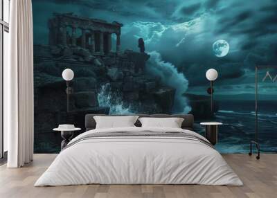 A battle-weary vampire atop a cliff, watching a tsunami engulf an ancient Greek amphitheater under a full moon.  Wall mural