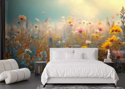 a field of wildflowers gently swaying in the breeze, soft focus and natural colors Wall mural