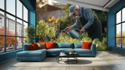 A serene elderly person watering their vegetable garden, capturing the quiet beauty of nature Wall mural