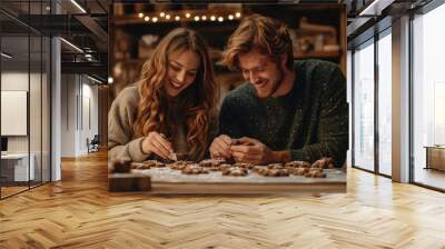 A young couple decorating gingerbread cookies, playful interaction, warm cozy kitchen setting Wall mural