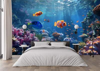 Animated 3D underwater scene with 2D cartoon fish swimming among coral Wall mural