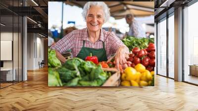 Elderly woman at a farmers market, inspecting organic produce with a smile, local nutrition, healthy aging Wall mural