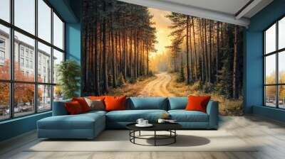 Road through a pine forest at sunrise, warm light creating a peaceful scene. Wall mural