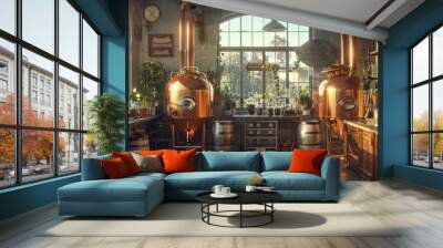 The interior of a distillery with copper stills and barrels. Wall mural