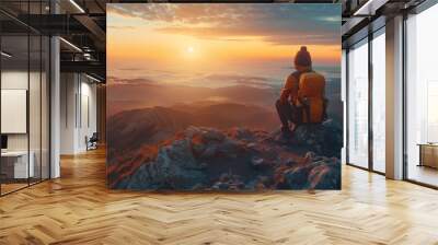 The photo shows a person sitting on a rock and looking at the sunrise over the mountains Wall mural