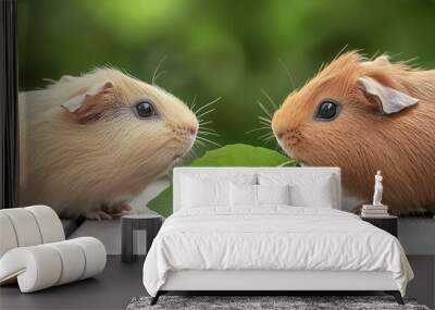 Two guinea pigs sharing a leaf, domestic pet, cute small animal interaction Wall mural