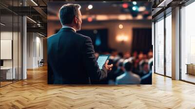 A business leader delivering a keynote speech at a corporate event, with a large audience and media coverage Wall mural