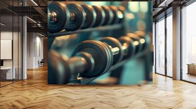 A close-up of dumbbells neatly arranged on a rack in a gym, ready for use Wall mural