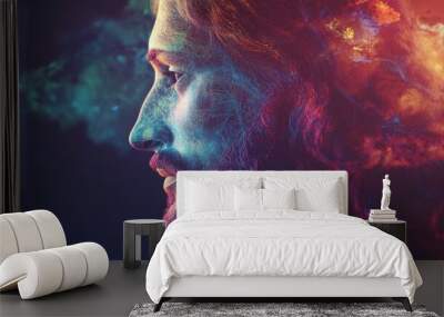 A generative AI portrait of Jesus Christ, capturing His serene and compassionate essence. Wall mural