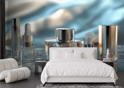 A luxurious 3D rendering of skin care products in metallic finishes, arranged on a reflective surface with detailed textures and soft light. Wall mural