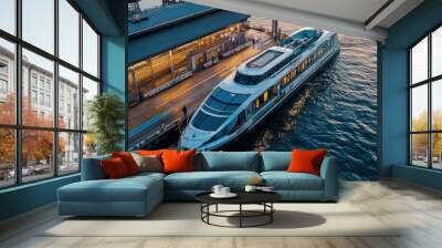 A sleek ferry boat docking at a busy terminal, representing an essential link in coastal Wall mural