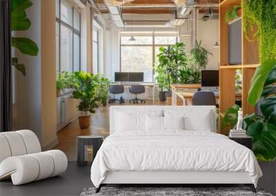 A sustainable business office space with eco-friendly furniture, natural lighting, and green plants Wall mural