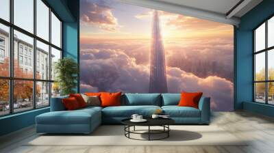 A towering skyscraper piercing through the clouds, with a glass exterior reflecting Wall mural