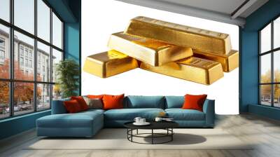 Stack of shiny gold bars, isolated on a white background, showcasing their polished surfaces and engraved details Wall mural