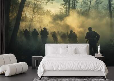 The battlefield is shrouded in smoke as soldiers in military uniforms and carrying guns advance through the forest. The scene is filled with the sounds and sights of war, Wall mural