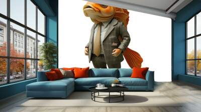 animal crossing of anthropomorphic fish as businessman, full body, standing on 2 legs, 3d character cartoon isolated on transparent background Wall mural