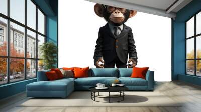 animal crossing of anthropomorphic Monkey as businessman, full body, standing on 2 legs, 3d character cartoon, slight aliasing isolated on transparent background Wall mural