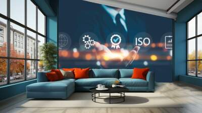 ISO standards quality control, assurance and warranty business technology concept. Touching on screen with ISO and globe icons on smart background. ISO Standard certification. Modern ISO banner. Wall mural