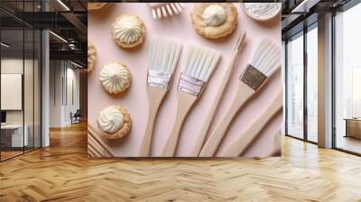 Assorted Baking Tools and Pastries on a Light Pink Background - Culinary and Baking Essentials Wall mural