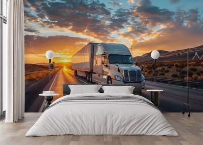 Modern Semi-Truck on Highway at Sunset with Dramatic Sky and Scenic Landscape Wall mural