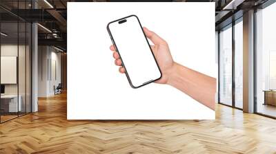 Hand showing smartphone with blank screen isolated on white background. Concepts for business finance, Concept technology, Concept product advertising and Concept marketing. Image high quality for you Wall mural