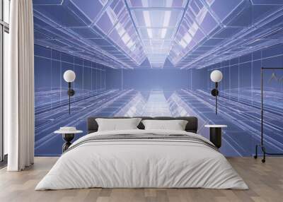 abstract geometric figures on the ceiling of modern glass roof with neon light Wall mural