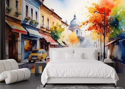 city street watercolor in postcard style. Wall mural