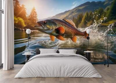 fish jumping out of the water in a calm lake with splashes, golden hour Wall mural