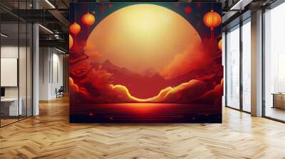 Happy chinese lunar new year, with flowers lucky on red background Wall mural