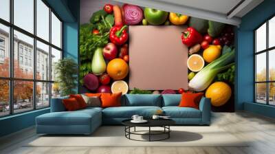 Vegetables and fruits arranged around empty space with paper card Wall mural