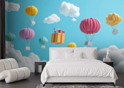 A Box flying on a parachute with pink cloud,vector illustration of package flying down from sky and cloud with parachute, concept for delivery service,shopping online,air delivery service. Wall mural