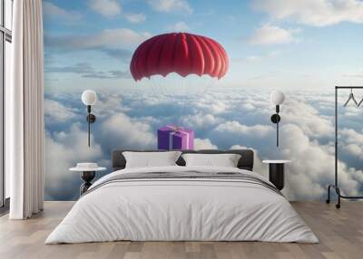 A Box flying on a parachute with pink cloud,vector illustration of package flying down from sky and cloud with parachute, concept for delivery service,shopping online,air delivery service. Wall mural