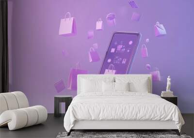 Abstract 3D model of a smartphone with exploding icons of shopping, discounts and digital payment solutions, pastel theme. Wall mural