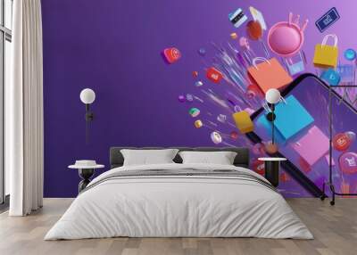 Abstract 3D model of a smartphone with exploding icons of shopping, discounts and digital payment solutions, pastel theme. Wall mural