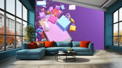 Abstract 3D model of a smartphone with exploding icons of shopping, discounts and digital payment solutions, pastel theme. Wall mural