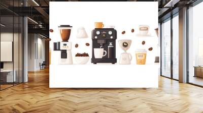 Artistic set of vector coffee machines and coffee drinks isolated on brown background,hand-drawn vector,coffee cups and coffee beans,modern flat design,Fashionable and cute coffee motif concept. Wall mural