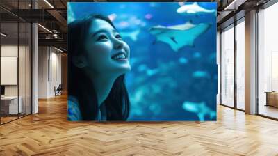 Asian young woman enjoy learning sea life in fish tank at Underwater Zoo Aquarium,Young woman touches a fish in an oceanarium tunnel,visitor in the aquarium looking at the fish through the glass. Wall mural