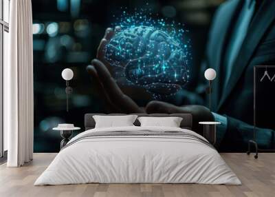 Businessman holding human brain on his hand,3D projection of a human brain,brainstorm and business concept,image of brain in palm, intelligence, psychologist,creativity,business vision concept. Wall mural